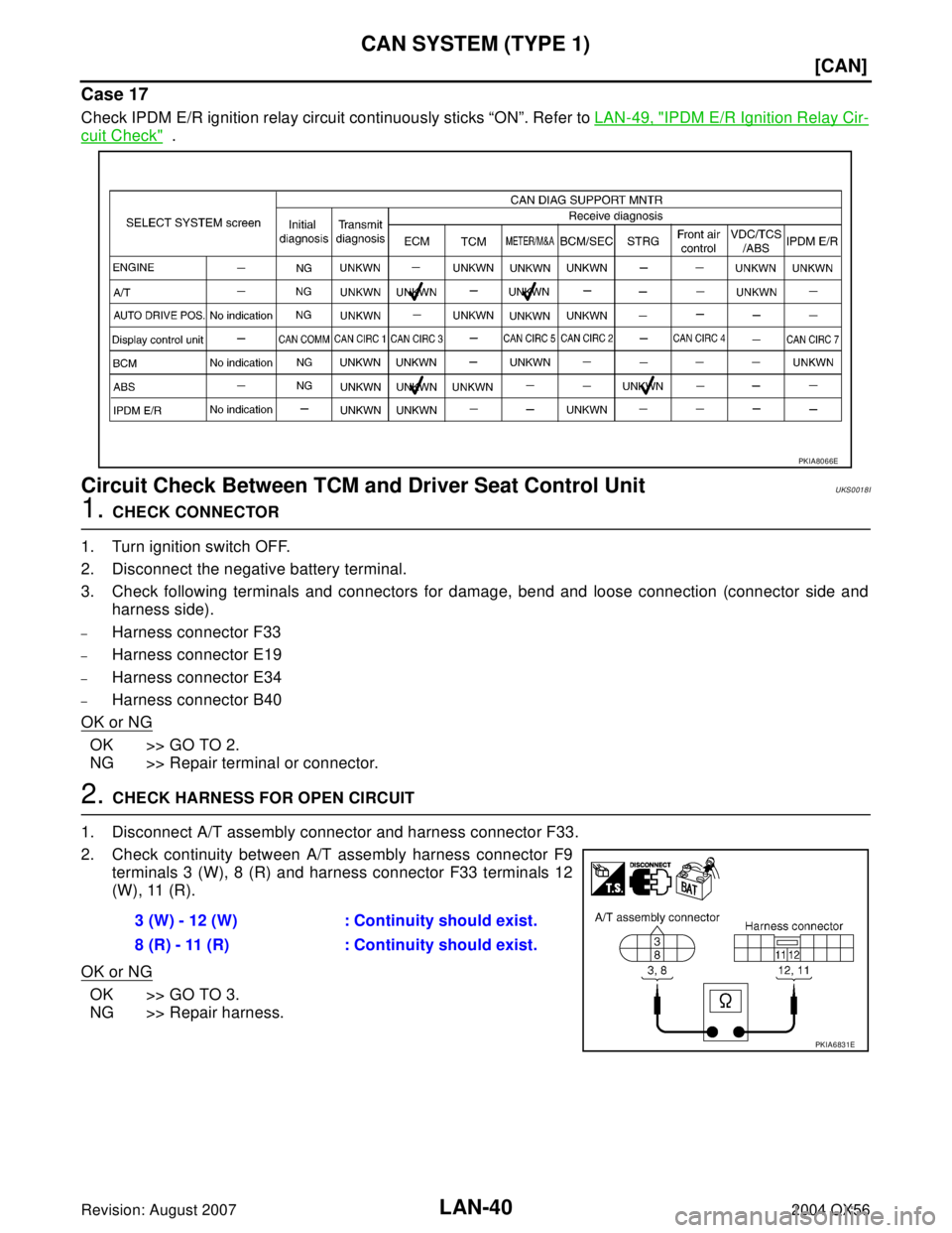 INFINITI QX56 2004  Factory Service Manual LAN-40
[CAN]
CAN SYSTEM (TYPE 1)
Revision: August 20072004 QX56
Case 17
Check IPDM E/R ignition relay circuit continuously sticks “ON”. Refer to LAN-49, "IPDM E/R Ignition Relay Cir-
cuit Check"  