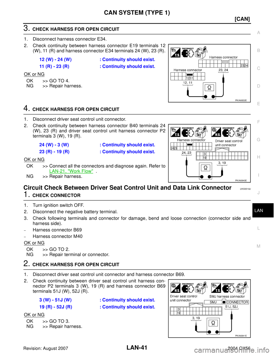 INFINITI QX56 2004  Factory Service Manual CAN SYSTEM (TYPE 1)
LAN-41
[CAN]
C
D
E
F
G
H
I
J
L
MA
B
LAN
Revision: August 20072004 QX56
3. CHECK HARNESS FOR OPEN CIRCUIT
1. Disconnect harness connector E34.
2. Check continuity between harness co