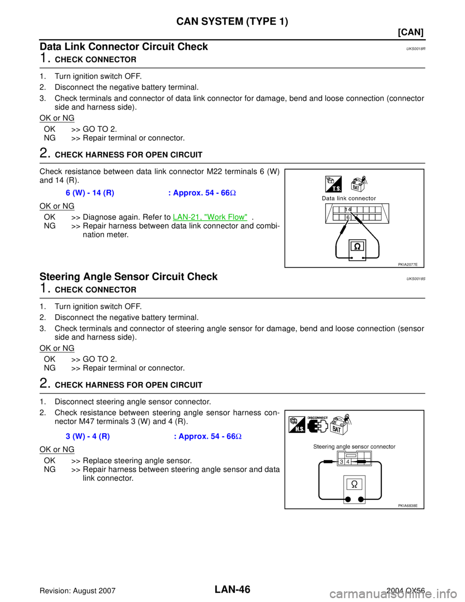 INFINITI QX56 2004  Factory Service Manual LAN-46
[CAN]
CAN SYSTEM (TYPE 1)
Revision: August 20072004 QX56
Data Link Connector Circuit CheckUKS0018R
1. CHECK CONNECTOR
1. Turn ignition switch OFF.
2. Disconnect the negative battery terminal.
3