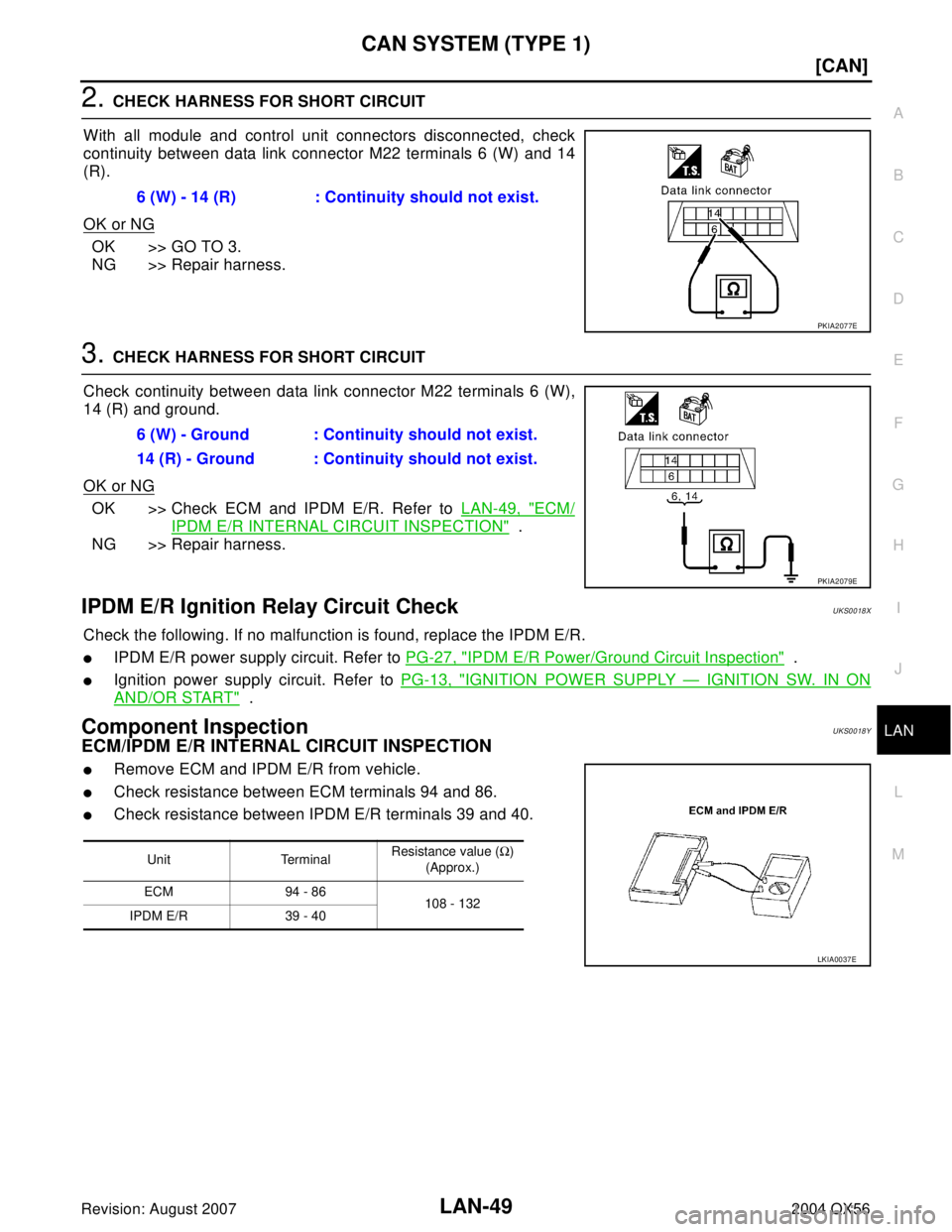 INFINITI QX56 2004  Factory Service Manual CAN SYSTEM (TYPE 1)
LAN-49
[CAN]
C
D
E
F
G
H
I
J
L
MA
B
LAN
Revision: August 20072004 QX56
2. CHECK HARNESS FOR SHORT CIRCUIT
With all module and control unit connectors disconnected, check
continuity