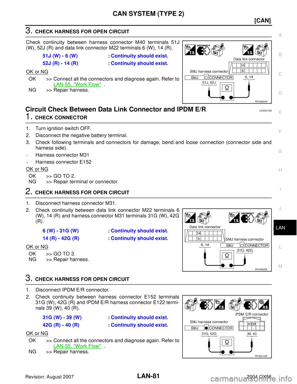 INFINITI QX56 2004  Factory Service Manual CAN SYSTEM (TYPE 2)
LAN-81
[CAN]
C
D
E
F
G
H
I
J
L
MA
B
LAN
Revision: August 20072004 QX56
3. CHECK HARNESS FOR OPEN CIRCUIT
Check continuity between harness connector M40 terminals 51J
(W), 52J (R) a