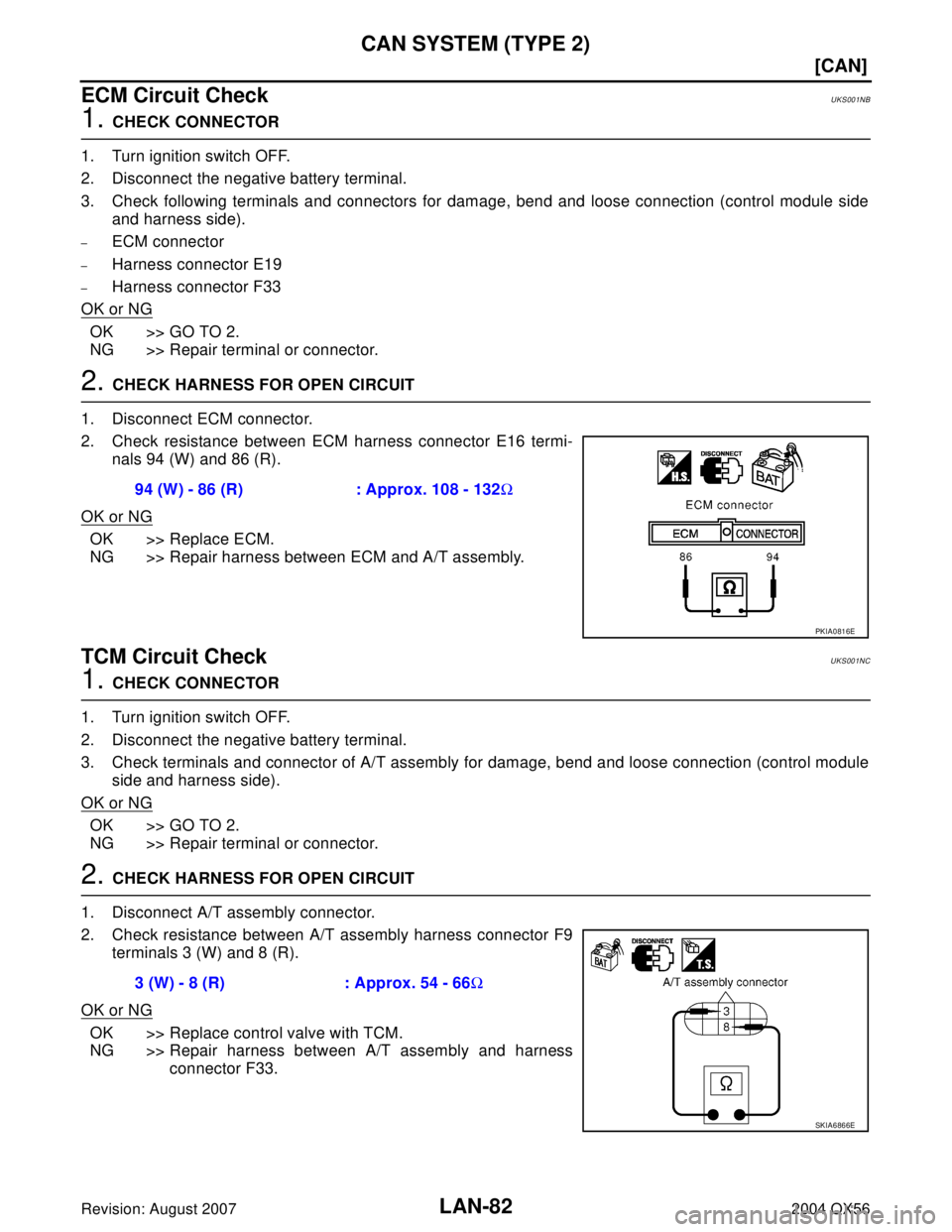 INFINITI QX56 2004  Factory Service Manual LAN-82
[CAN]
CAN SYSTEM (TYPE 2)
Revision: August 20072004 QX56
ECM Circuit CheckUKS001NB
1. CHECK CONNECTOR
1. Turn ignition switch OFF.
2. Disconnect the negative battery terminal.
3. Check followin
