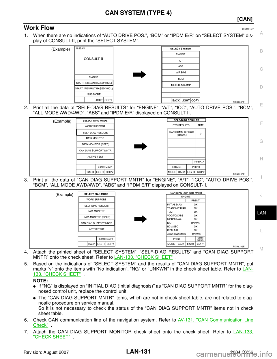 INFINITI QX56 2004  Factory Service Manual CAN SYSTEM (TYPE 4)
LAN-131
[CAN]
C
D
E
F
G
H
I
J
L
MA
B
LAN
Revision: August 20072004 QX56
Work FlowUKS001NT
1. When there are no indications of “AUTO DRIVE POS.”, “BCM” or “IPDM E/R” on 