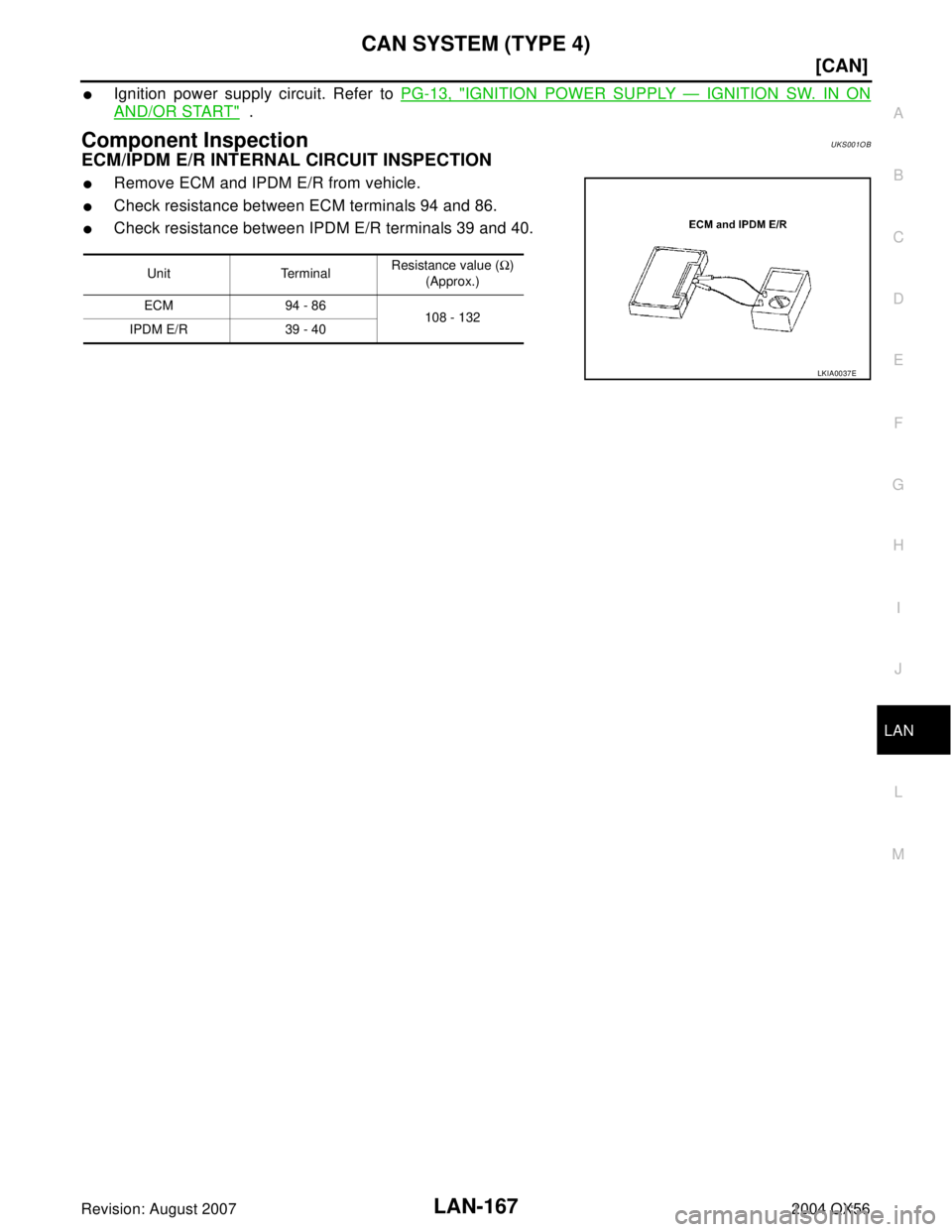 INFINITI QX56 2004  Factory Service Manual CAN SYSTEM (TYPE 4)
LAN-167
[CAN]
C
D
E
F
G
H
I
J
L
MA
B
LAN
Revision: August 20072004 QX56
Ignition power supply circuit. Refer to PG-13, "IGNITION POWER SUPPLY — IGNITION SW. IN ON
AND/OR START" 