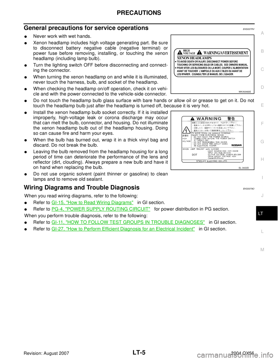 INFINITI QX56 2004  Factory Service Manual PRECAUTIONS
LT-5
C
D
E
F
G
H
I
J
L
MA
B
LT
Revision: August 20072004 QX56
General precautions for service operationsEKS007RV
Never work with wet hands.
Xenon headlamp includes high voltage generatin