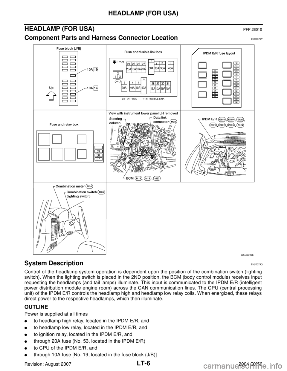 INFINITI QX56 2004  Factory Service Manual LT-6
HEADLAMP (FOR USA)
Revision: August 20072004 QX56
HEADLAMP (FOR USA)PFP:26010
Component Parts and Harness Connector LocationEKS0079P
System DescriptionEKS0079Q
Control of the headlamp system oper