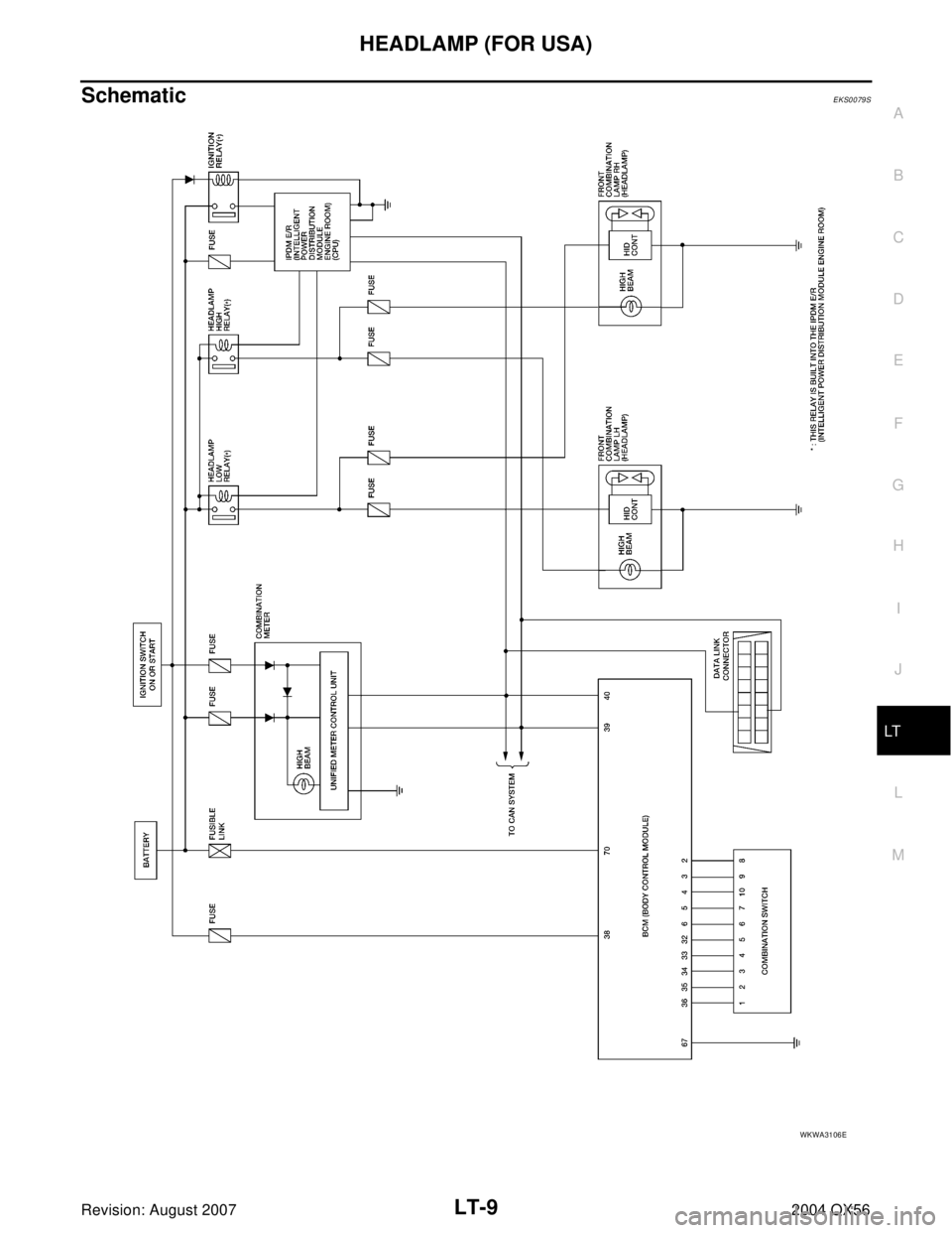 INFINITI QX56 2004  Factory Service Manual HEADLAMP (FOR USA)
LT-9
C
D
E
F
G
H
I
J
L
MA
B
LT
Revision: August 20072004 QX56
SchematicEKS0079S
WKWA3106E 