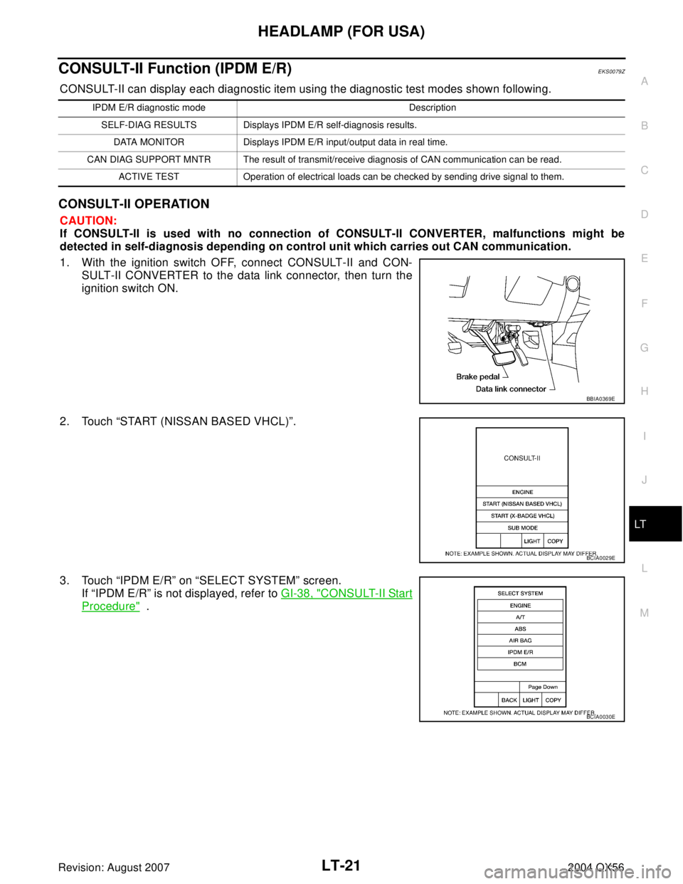 INFINITI QX56 2004 Factory Service Manual HEADLAMP (FOR USA)
LT-21
C
D
E
F
G
H
I
J
L
MA
B
LT
Revision: August 20072004 QX56
CONSULT-II Function (IPDM E/R)EKS0079Z
CONSULT-II can display each diagnostic item using the diagnostic test modes sho INFINITI QX56 2004 Factory Service Manual HEADLAMP (FOR USA)
LT-21
C
D
E
F
G
H
I
J
L
MA
B
LT
Revision: August 20072004 QX56
CONSULT-II Function (IPDM E/R)EKS0079Z
CONSULT-II can display each diagnostic item using the diagnostic test modes sho