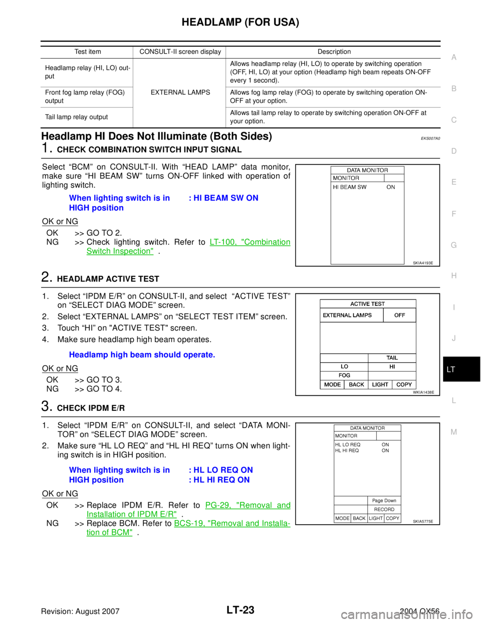 INFINITI QX56 2004 Factory Service Manual HEADLAMP (FOR USA)
LT-23
C
D
E
F
G
H
I
J
L
MA
B
LT
Revision: August 20072004 QX56
Headlamp HI Does Not Illuminate (Both Sides)EKS007A0
1. CHECK COMBINATION SWITCH INPUT SIGNAL
Select “BCM” on CON INFINITI QX56 2004 Factory Service Manual HEADLAMP (FOR USA)
LT-23
C
D
E
F
G
H
I
J
L
MA
B
LT
Revision: August 20072004 QX56
Headlamp HI Does Not Illuminate (Both Sides)EKS007A0
1. CHECK COMBINATION SWITCH INPUT SIGNAL
Select “BCM” on CON