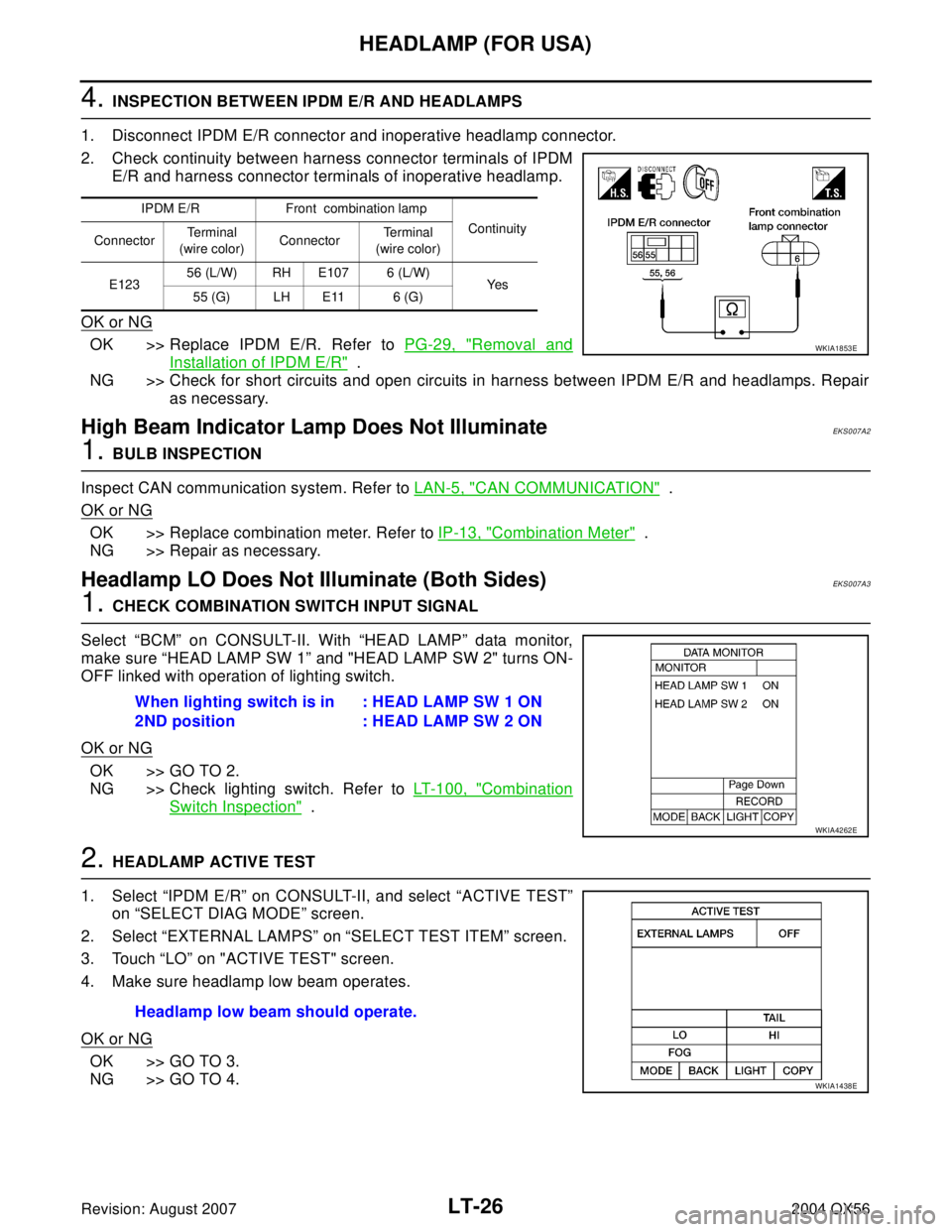 INFINITI QX56 2004  Factory Service Manual LT-26
HEADLAMP (FOR USA)
Revision: August 20072004 QX56
4. INSPECTION BETWEEN IPDM E/R AND HEADLAMPS
1. Disconnect IPDM E/R connector and inoperative headlamp connector.
2. Check continuity between ha