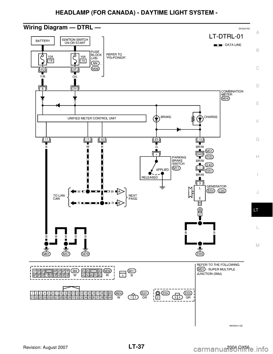 INFINITI QX56 2004  Factory Service Manual HEADLAMP (FOR CANADA) - DAYTIME LIGHT SYSTEM -
LT-37
C
D
E
F
G
H
I
J
L
MA
B
LT
Revision: August 20072004 QX56
Wiring Diagram — DTRL —EKS007AE
WKWA3110E 