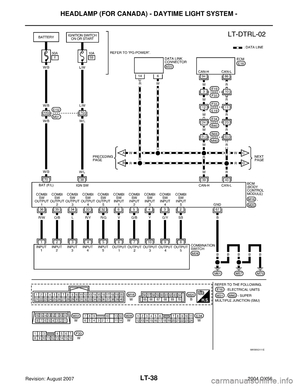 INFINITI QX56 2004  Factory Service Manual LT-38
HEADLAMP (FOR CANADA) - DAYTIME LIGHT SYSTEM -
Revision: August 20072004 QX56
WKWA3111E 