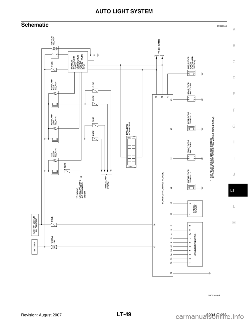 INFINITI QX56 2004  Factory Service Manual AUTO LIGHT SYSTEM
LT-49
C
D
E
F
G
H
I
J
L
MA
B
LT
Revision: August 20072004 QX56
SchematicEKS007AS
WKWA1197E 