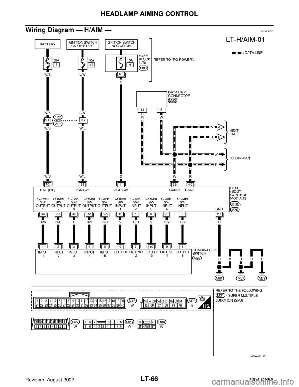 INFINITI QX56 2004  Factory Service Manual LT-66
HEADLAMP AIMING CONTROL
Revision: August 20072004 QX56
Wiring Diagram — H/AIM —EKS007RW
WKWA3113E 
