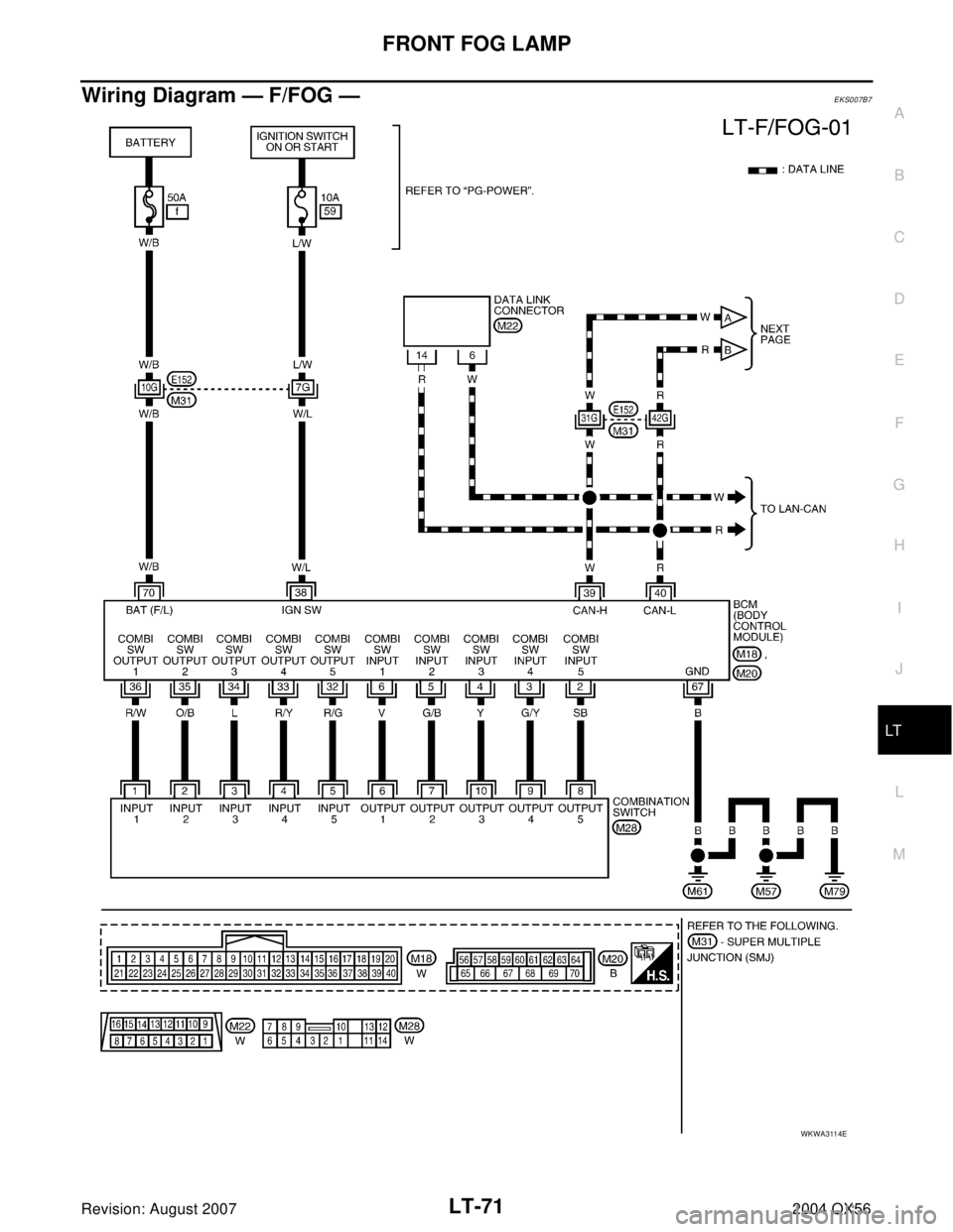 INFINITI QX56 2004  Factory Service Manual FRONT FOG LAMP
LT-71
C
D
E
F
G
H
I
J
L
MA
B
LT
Revision: August 20072004 QX56
Wiring Diagram — F/FOG —EKS007B7
WKWA3114E 