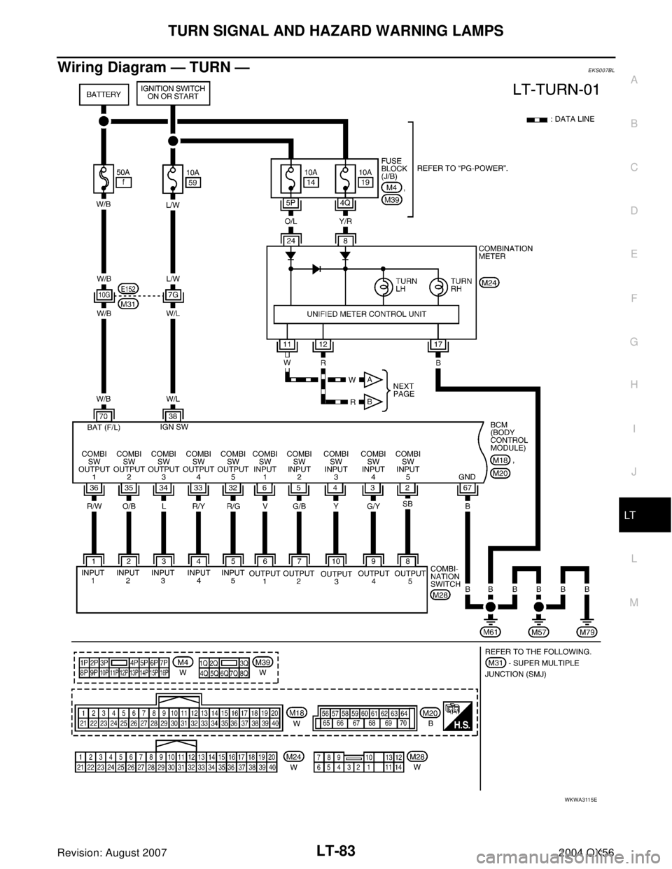 INFINITI QX56 2004  Factory Service Manual TURN SIGNAL AND HAZARD WARNING LAMPS
LT-83
C
D
E
F
G
H
I
J
L
MA
B
LT
Revision: August 20072004 QX56
Wiring Diagram — TURN —EKS007BL
WKWA3115E 