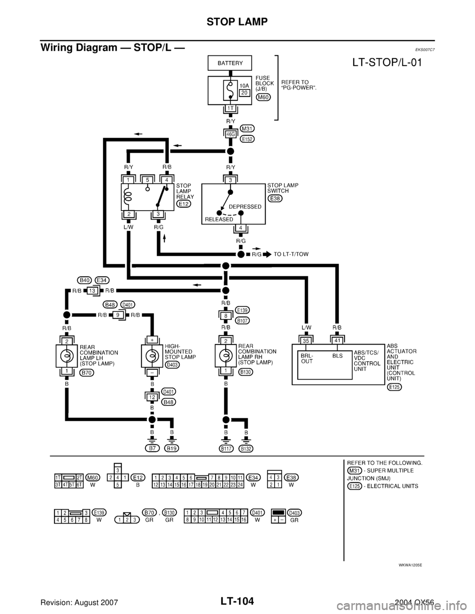 INFINITI QX56 2004  Factory Service Manual LT-104
STOP LAMP
Revision: August 20072004 QX56
Wiring Diagram — STOP/L —EKS007C7
WKWA1205E 