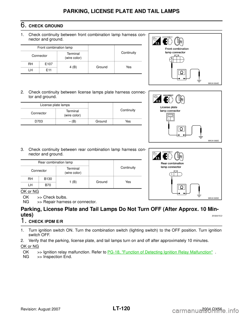 INFINITI QX56 2004 Factory Service Manual LT-120
PARKING, LICENSE PLATE AND TAIL LAMPS
Revision: August 20072004 QX56
6. CHECK GROUND
1. Check continuity between front combination lamp harness con-
nector and ground.
2. Check continuity betwe INFINITI QX56 2004 Factory Service Manual LT-120
PARKING, LICENSE PLATE AND TAIL LAMPS
Revision: August 20072004 QX56
6. CHECK GROUND
1. Check continuity between front combination lamp harness con-
nector and ground.
2. Check continuity betwe