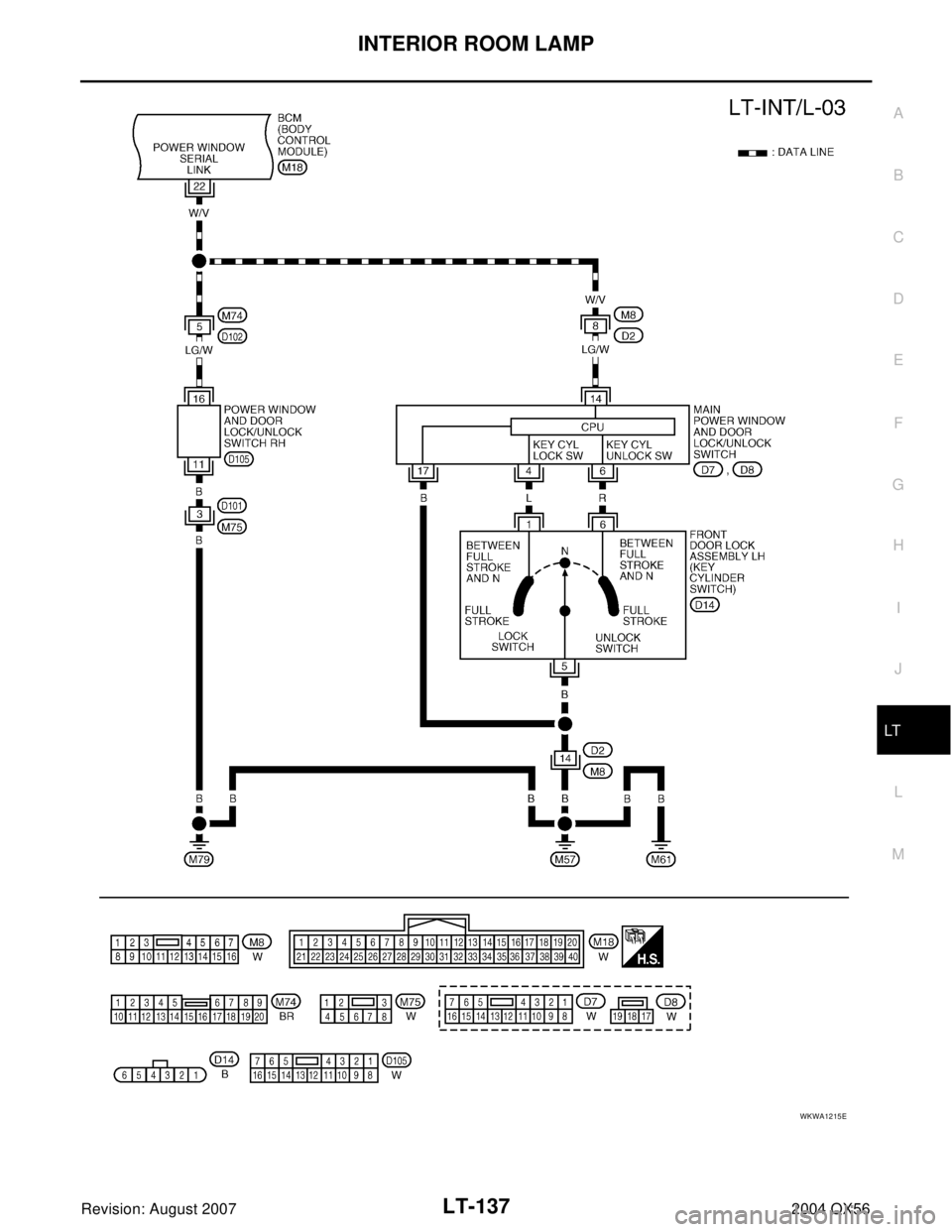 INFINITI QX56 2004  Factory Service Manual INTERIOR ROOM LAMP
LT-137
C
D
E
F
G
H
I
J
L
MA
B
LT
Revision: August 20072004 QX56
WKWA1215E 