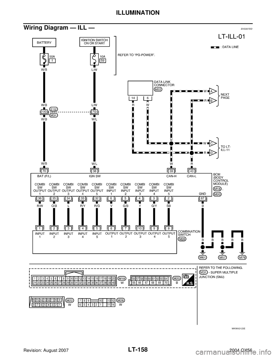 INFINITI QX56 2004  Factory Service Manual LT-158
ILLUMINATION
Revision: August 20072004 QX56
Wiring Diagram — ILL —EKS007DD
WKWA3123E 