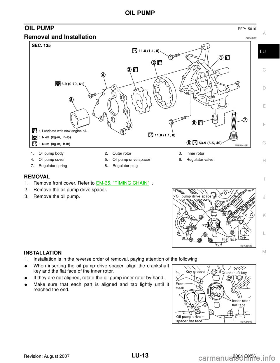 INFINITI QX56 2004  Factory Service Manual OIL PUMP
LU-13
C
D
E
F
G
H
I
J
K
L
MA
LU
Revision: August 20072004 QX56
OIL PUMPPFP:15010
Removal and InstallationEBS00I4N
REMOVAL
1. Remove front cover. Refer to EM-35, "TIMING CHAIN"  . 
2. Remove t