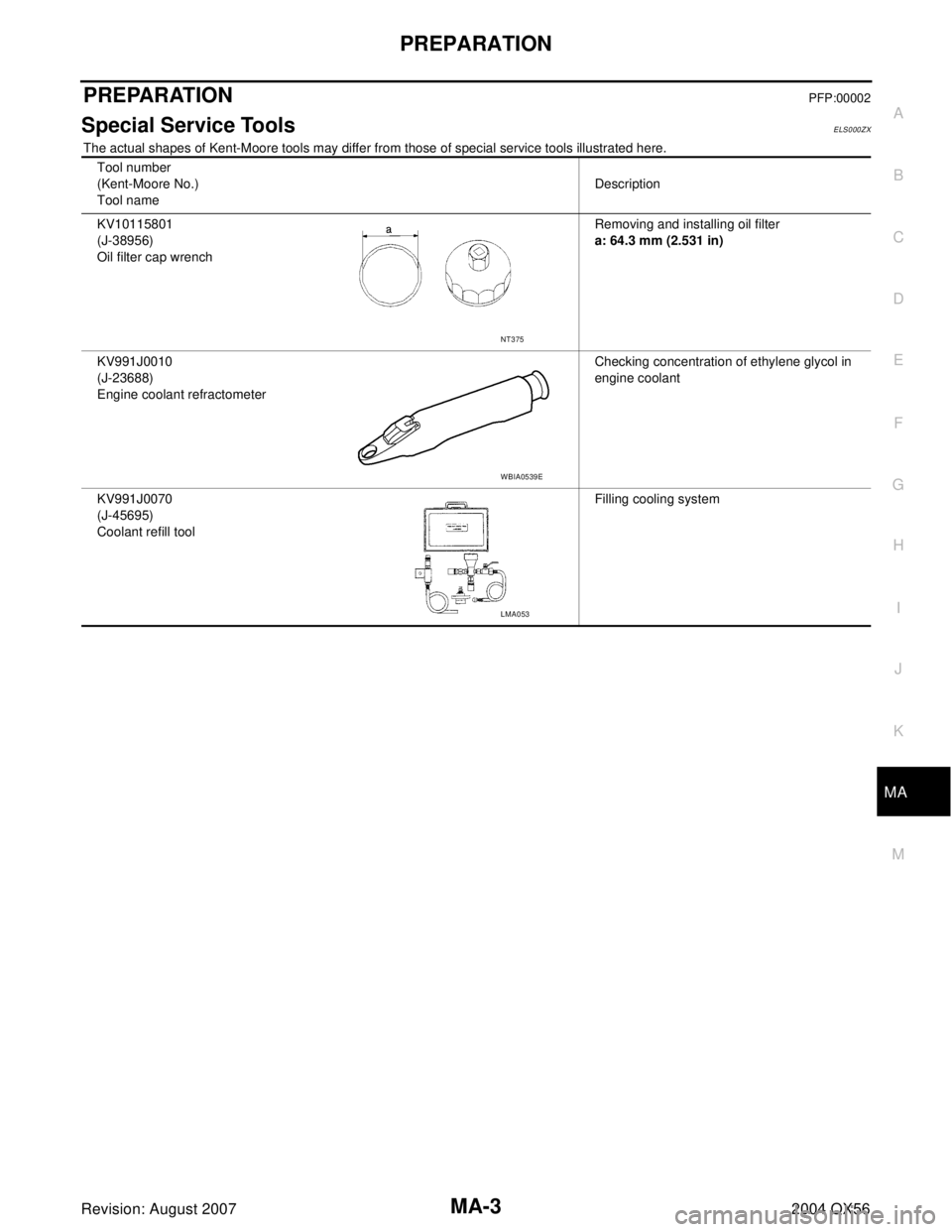 INFINITI QX56 2004  Factory Service Manual PREPARATION
MA-3
C
D
E
F
G
H
I
J
K
MA
B
MA
Revision: August 20072004 QX56
PREPARATIONPFP:00002
Special Service ToolsELS000ZX
The actual shapes of Kent-Moore tools may differ from those of special serv