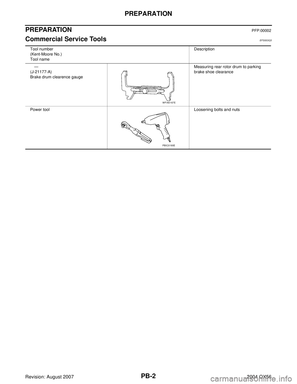 INFINITI QX56 2004  Factory Service Manual PB-2
PREPARATION
Revision: August 20072004 QX56
PREPARATIONPFP:00002
Commercial Service ToolsEFS003Q3
Tool number
(Kent-Moore No.)
Tool nameDescription
—
(J-21177-A)
Brake drum clearence gaugeMeasur