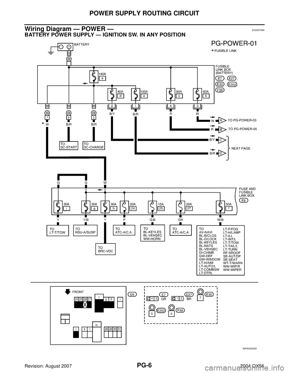 INFINITI QX56 2004  Factory Service Manual PG-6
POWER SUPPLY ROUTING CIRCUIT
Revision: August 20072004 QX56
Wiring Diagram — POWER —EKS007NM
BATTERY POWER SUPPLY — IGNITION SW. IN ANY POSITION
WKWA2505E 