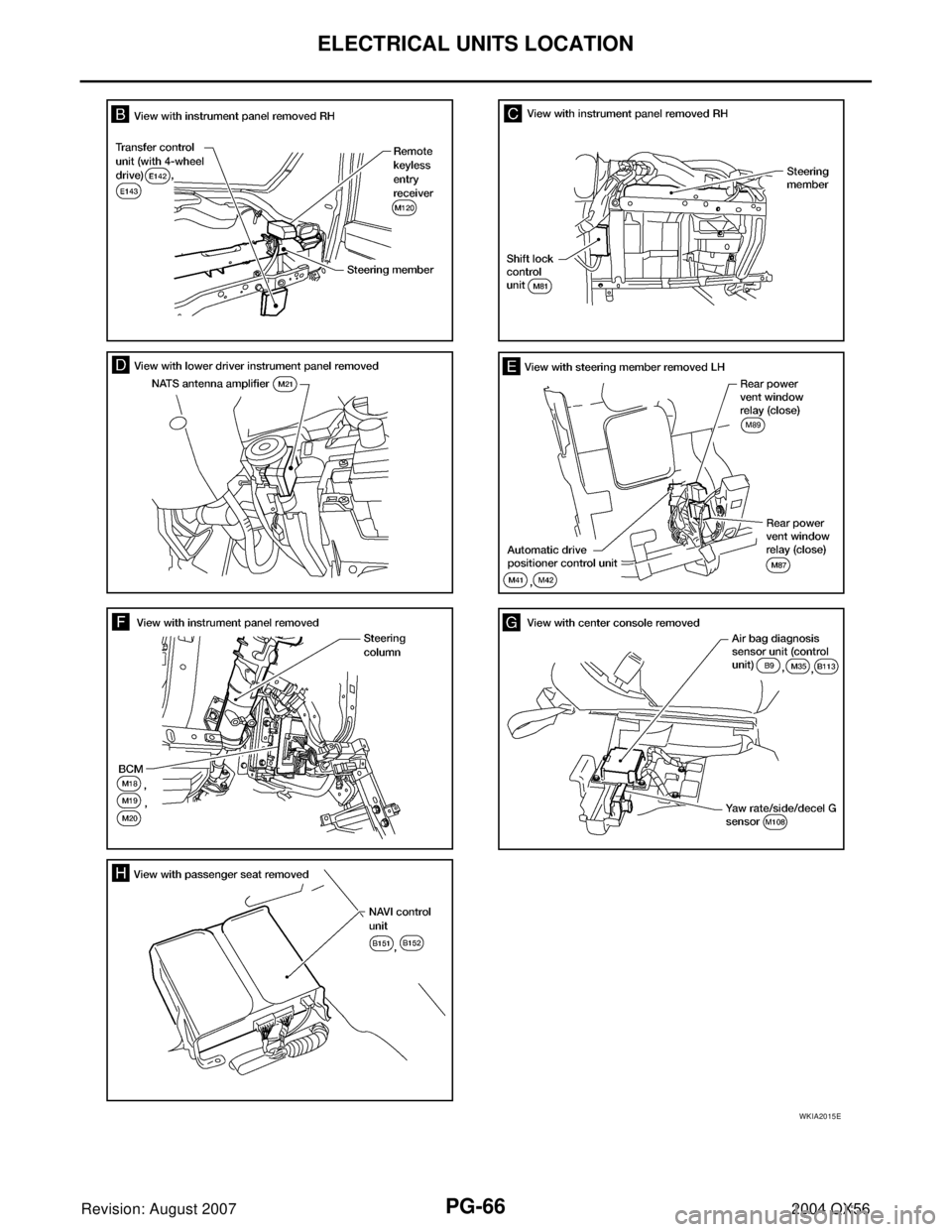 INFINITI QX56 2004  Factory Service Manual PG-66
ELECTRICAL UNITS LOCATION
Revision: August 20072004 QX56
WKIA2015E 