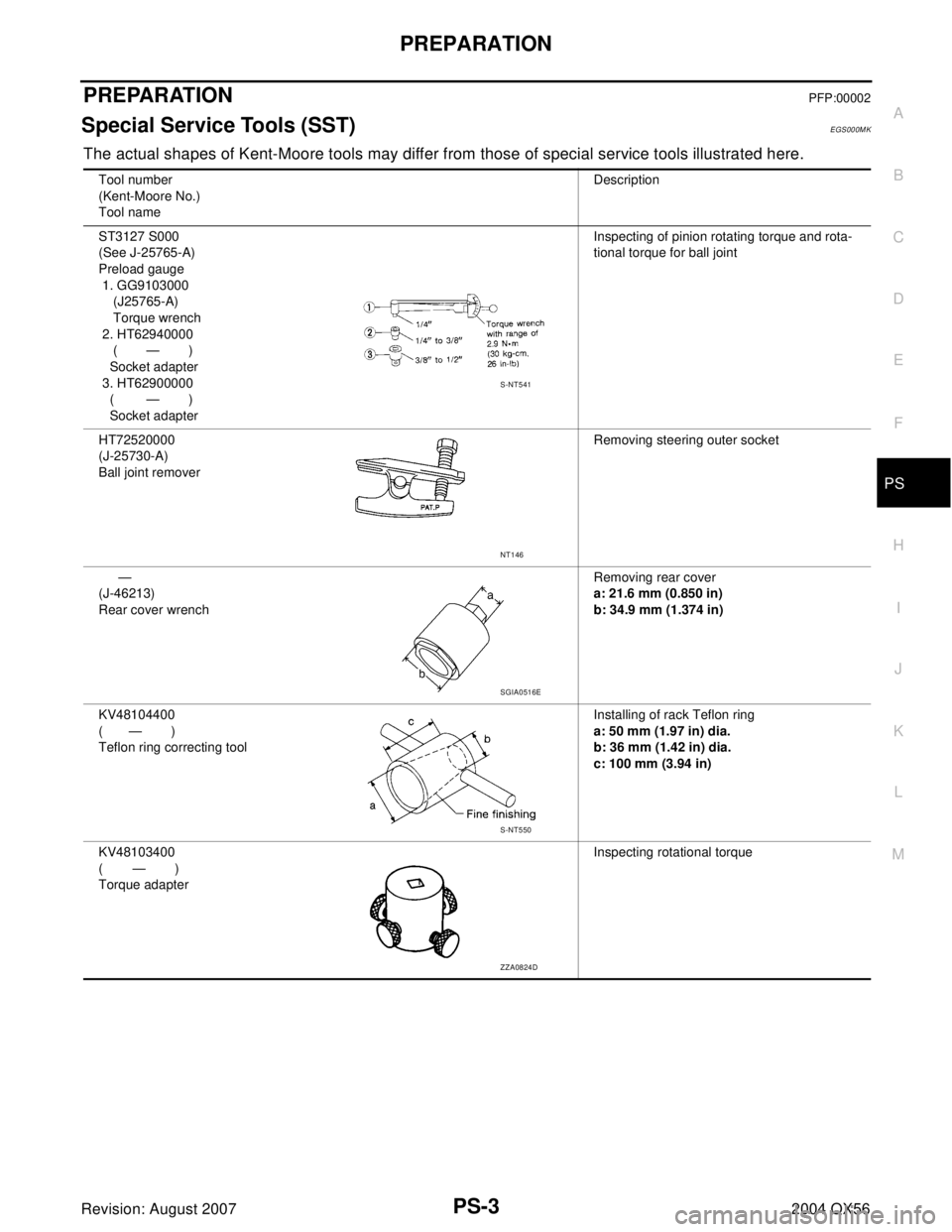 INFINITI QX56 2004  Factory Service Manual PREPARATION
PS-3
C
D
E
F
H
I
J
K
L
MA
B
PS
Revision: August 20072004 QX56
PREPARATIONPFP:00002
Special Service Tools (SST)EGS000MK
The actual shapes of Kent-Moore tools may differ from those of specia