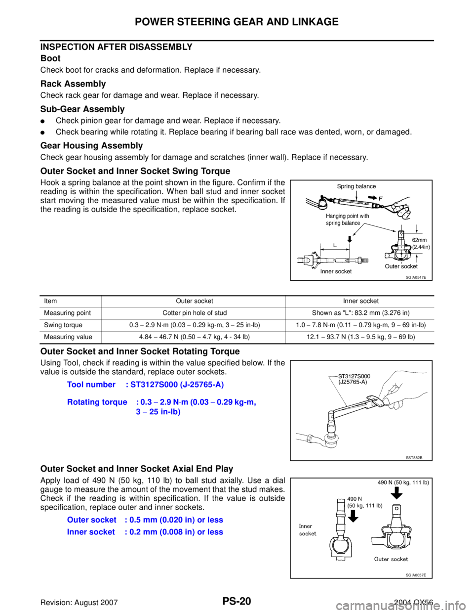 INFINITI QX56 2004  Factory Service Manual PS-20
POWER STEERING GEAR AND LINKAGE
Revision: August 20072004 QX56
INSPECTION AFTER DISASSEMBLY
Boot
Check boot for cracks and deformation. Replace if necessary.
Rack Assembly
Check rack gear for da