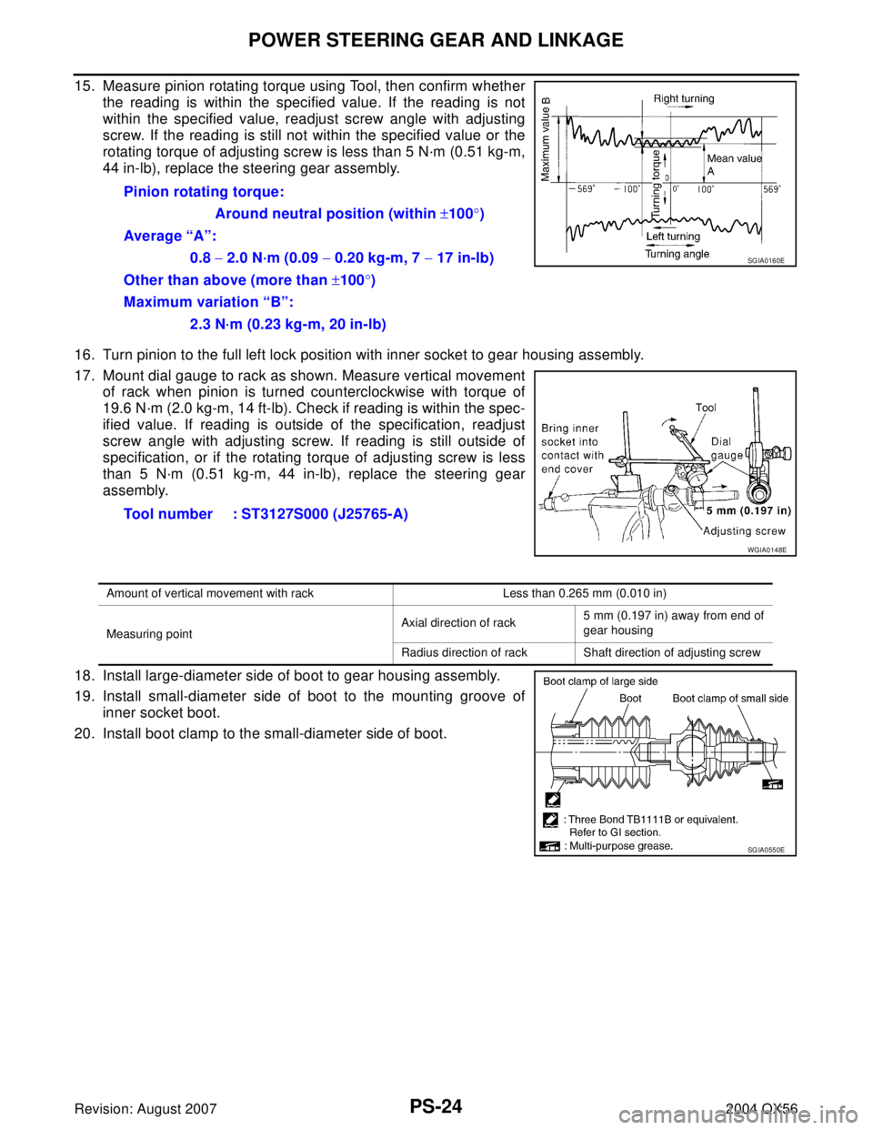 INFINITI QX56 2004  Factory Service Manual PS-24
POWER STEERING GEAR AND LINKAGE
Revision: August 20072004 QX56
15. Measure pinion rotating torque using Tool, then confirm whether
the reading is within the specified value. If the reading is no