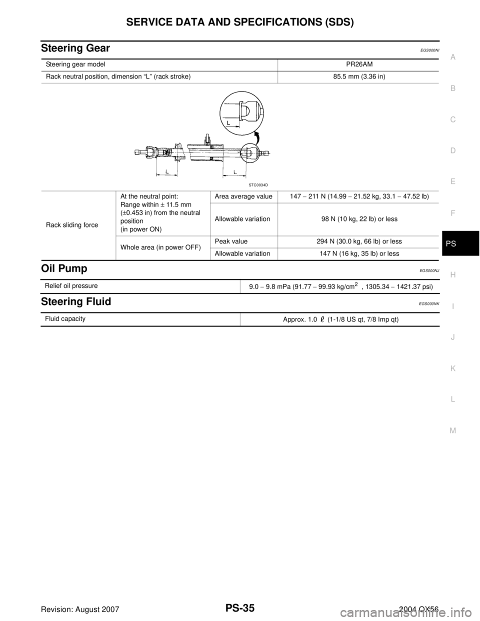 INFINITI QX56 2004  Factory Service Manual SERVICE DATA AND SPECIFICATIONS (SDS)
PS-35
C
D
E
F
H
I
J
K
L
MA
B
PS
Revision: August 20072004 QX56
Steering GearEGS000NI
Oil PumpEG S0 0 0NJ
Steering FluidEGS000NK
Steering gear modelPR26AM
Rack neu