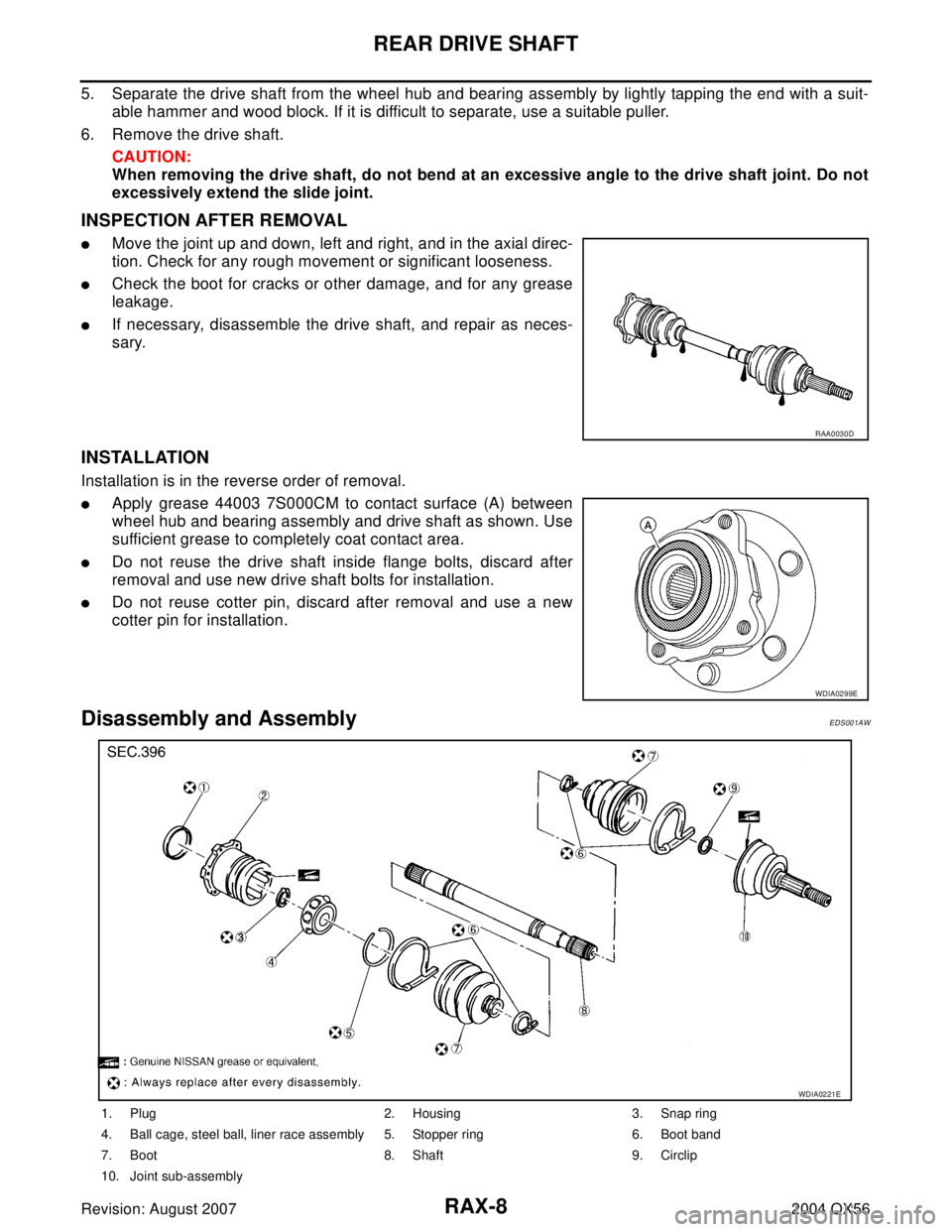 INFINITI QX56 2004 Factory Service Manual RAX-8
REAR DRIVE SHAFT
Revision: August 20072004 QX56
5. Separate the drive shaft from the wheel hub and bearing assembly by lightly tapping the end with a suit-
able hammer and wood block. If it is d INFINITI QX56 2004 Factory Service Manual RAX-8
REAR DRIVE SHAFT
Revision: August 20072004 QX56
5. Separate the drive shaft from the wheel hub and bearing assembly by lightly tapping the end with a suit-
able hammer and wood block. If it is d