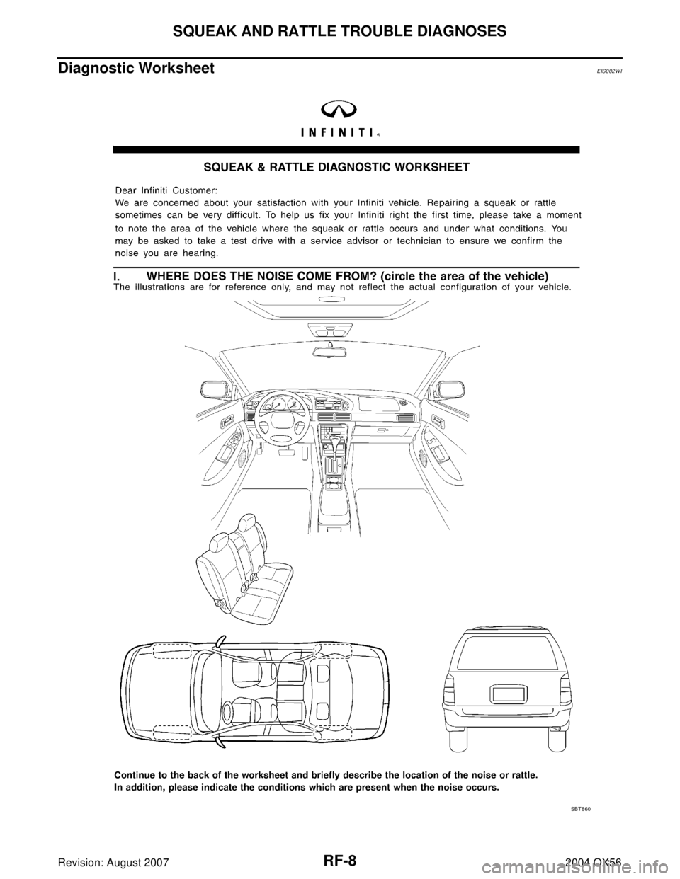 INFINITI QX56 2004  Factory Service Manual RF-8
SQUEAK AND RATTLE TROUBLE DIAGNOSES
Revision: August 20072004 QX56
Diagnostic WorksheetEIS002WI
SBT 8 60 