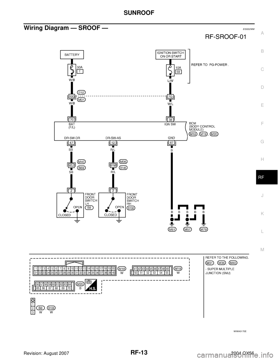 INFINITI QX56 2004  Factory Service Manual SUNROOF
RF-13
C
D
E
F
G
H
J
K
L
MA
B
RF
Revision: August 20072004 QX56
Wiring Diagram — SROOF —EIS002WM
WIWA0170E 