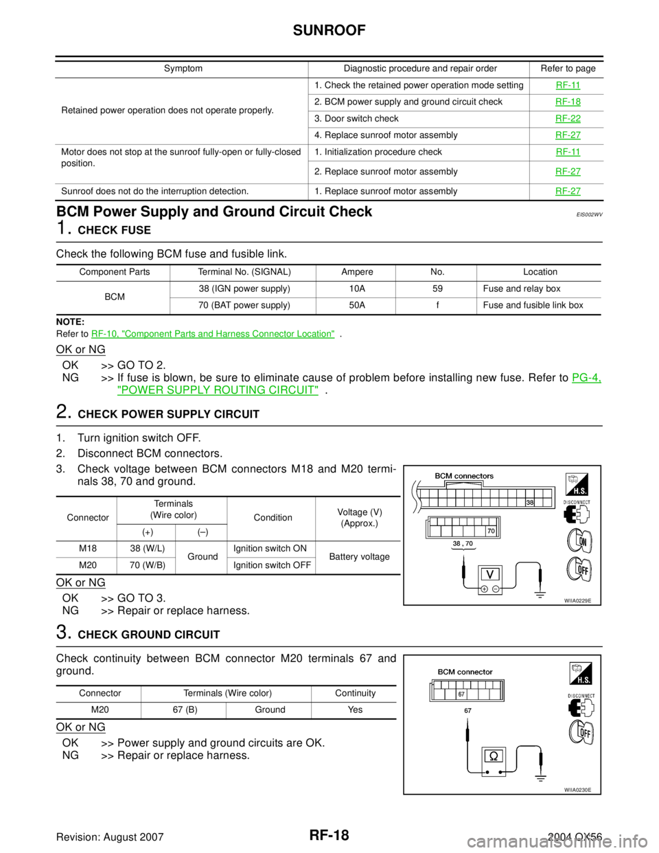 INFINITI QX56 2004 Factory Service Manual RF-18
SUNROOF
Revision: August 20072004 QX56
BCM Power Supply and Ground Circuit CheckEIS002WV
1. CHECK FUSE
Check the following BCM fuse and fusible link.
NOTE:
Refer to RF-10, "
Component Parts and INFINITI QX56 2004 Factory Service Manual RF-18
SUNROOF
Revision: August 20072004 QX56
BCM Power Supply and Ground Circuit CheckEIS002WV
1. CHECK FUSE
Check the following BCM fuse and fusible link.
NOTE:
Refer to RF-10, "
Component Parts and