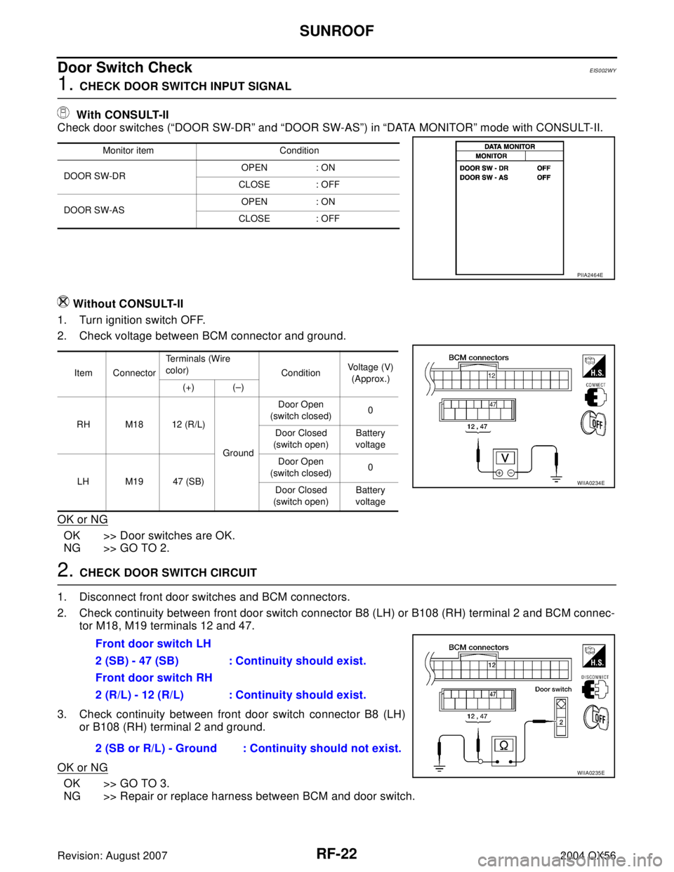 INFINITI QX56 2004 Factory Service Manual RF-22
SUNROOF
Revision: August 20072004 QX56
Door Switch CheckEIS002WY
1. CHECK DOOR SWITCH INPUT SIGNAL
With CONSULT-II
Check door switches (“DOOR SW-DR” and “DOOR SW-AS”) in “DATA MONITOR INFINITI QX56 2004 Factory Service Manual RF-22
SUNROOF
Revision: August 20072004 QX56
Door Switch CheckEIS002WY
1. CHECK DOOR SWITCH INPUT SIGNAL
With CONSULT-II
Check door switches (“DOOR SW-DR” and “DOOR SW-AS”) in “DATA MONITOR