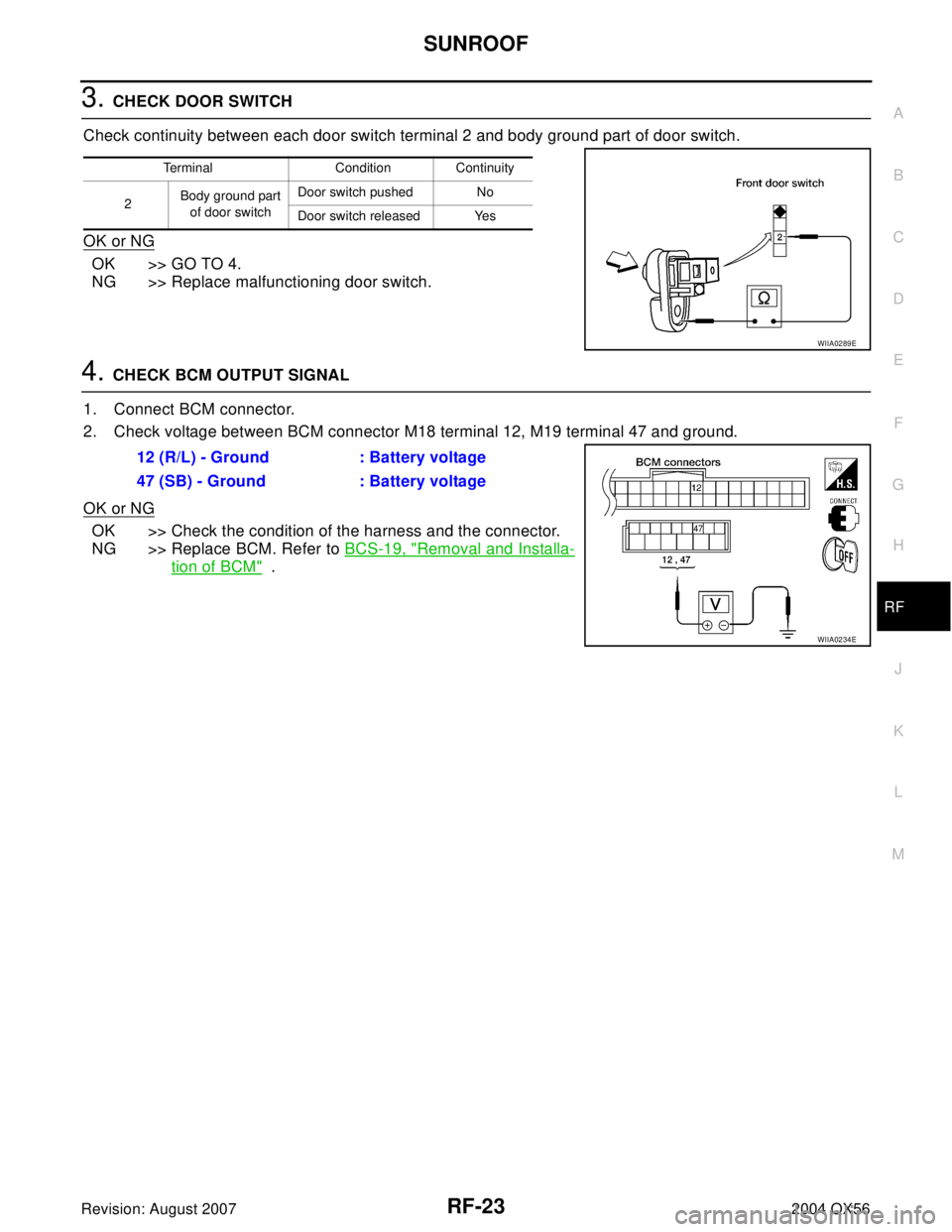 INFINITI QX56 2004  Factory Service Manual SUNROOF
RF-23
C
D
E
F
G
H
J
K
L
MA
B
RF
Revision: August 20072004 QX56
3. CHECK DOOR SWITCH
Check continuity between each door switch terminal 2 and body ground part of door switch.
OK or NG
OK >> GO 