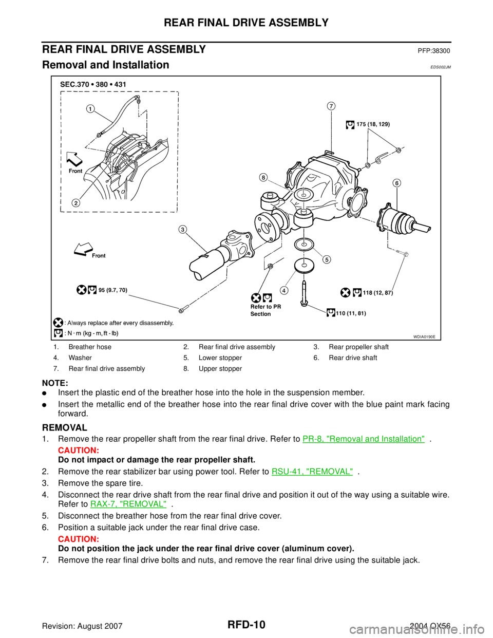INFINITI QX56 2004  Factory Service Manual RFD-10
REAR FINAL DRIVE ASSEMBLY
Revision: August 20072004 QX56
REAR FINAL DRIVE ASSEMBLYPFP:38300
Removal and InstallationEDS002JM
NOTE:
Insert the plastic end of the breather hose into the hole in 
