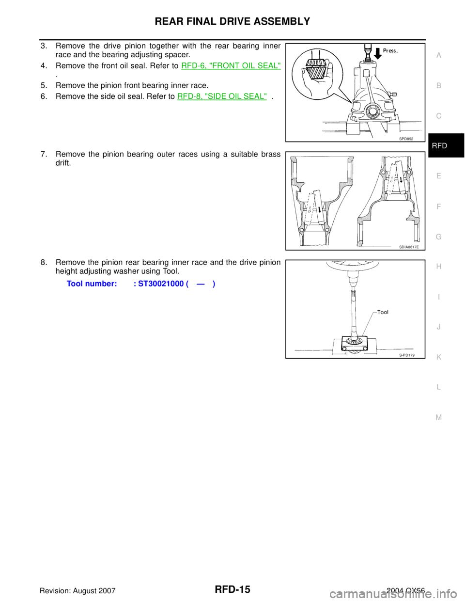 INFINITI QX56 2004  Factory Service Manual REAR FINAL DRIVE ASSEMBLY
RFD-15
C
E
F
G
H
I
J
K
L
MA
B
RFD
Revision: August 20072004 QX56
3. Remove the drive pinion together with the rear bearing inner
race and the bearing adjusting spacer.
4. Rem