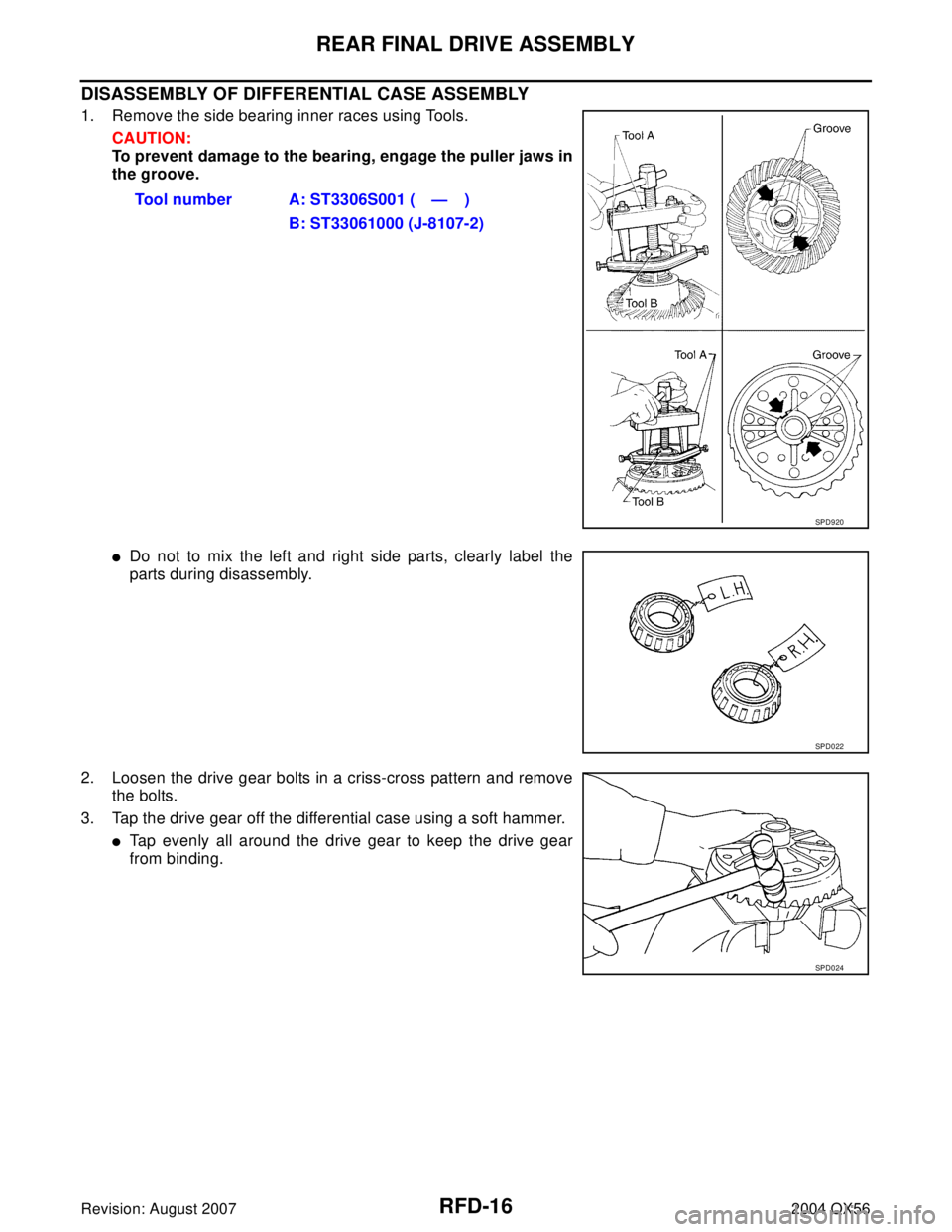 INFINITI QX56 2004  Factory Service Manual RFD-16
REAR FINAL DRIVE ASSEMBLY
Revision: August 20072004 QX56
DISASSEMBLY OF DIFFERENTIAL CASE ASSEMBLY
1. Remove the side bearing inner races using Tools.
CAUTION:
To prevent damage to the bearing,