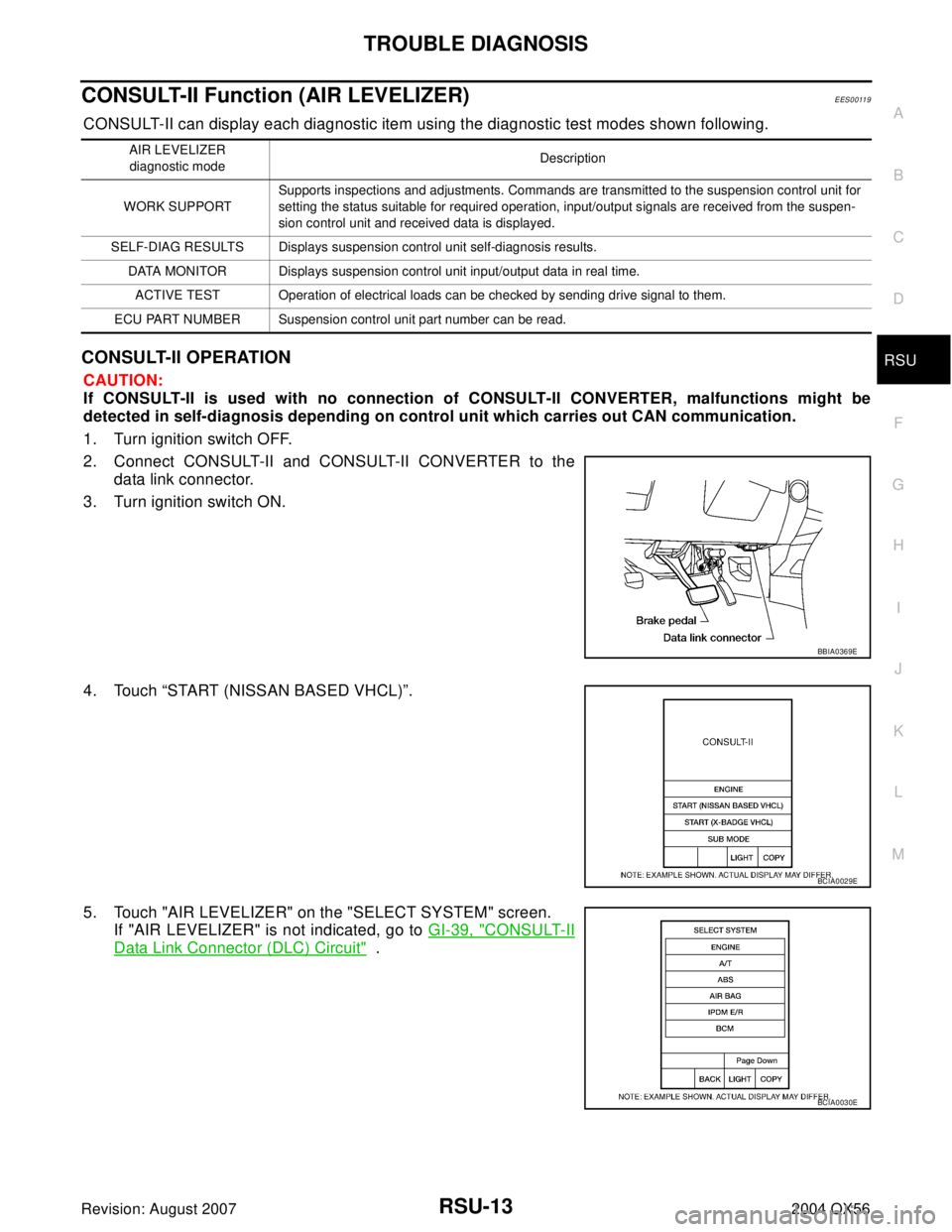 INFINITI QX56 2004 Factory Service Manual TROUBLE DIAGNOSIS
RSU-13
C
D
F
G
H
I
J
K
L
MA
B
RSU
Revision: August 20072004 QX56
CONSULT-II Function (AIR LEVELIZER)EES00119
CONSULT-II can display each diagnostic item using the diagnostic test mod INFINITI QX56 2004 Factory Service Manual TROUBLE DIAGNOSIS
RSU-13
C
D
F
G
H
I
J
K
L
MA
B
RSU
Revision: August 20072004 QX56
CONSULT-II Function (AIR LEVELIZER)EES00119
CONSULT-II can display each diagnostic item using the diagnostic test mod