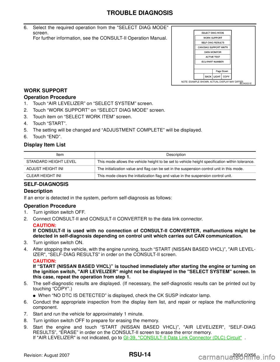 INFINITI QX56 2004  Factory Service Manual RSU-14
TROUBLE DIAGNOSIS
Revision: August 20072004 QX56
6. Select the required operation from the "SELECT DIAG MODE"
screen.
For further information, see the CONSULT-II Operation Manual.
WORK SUPPORT
