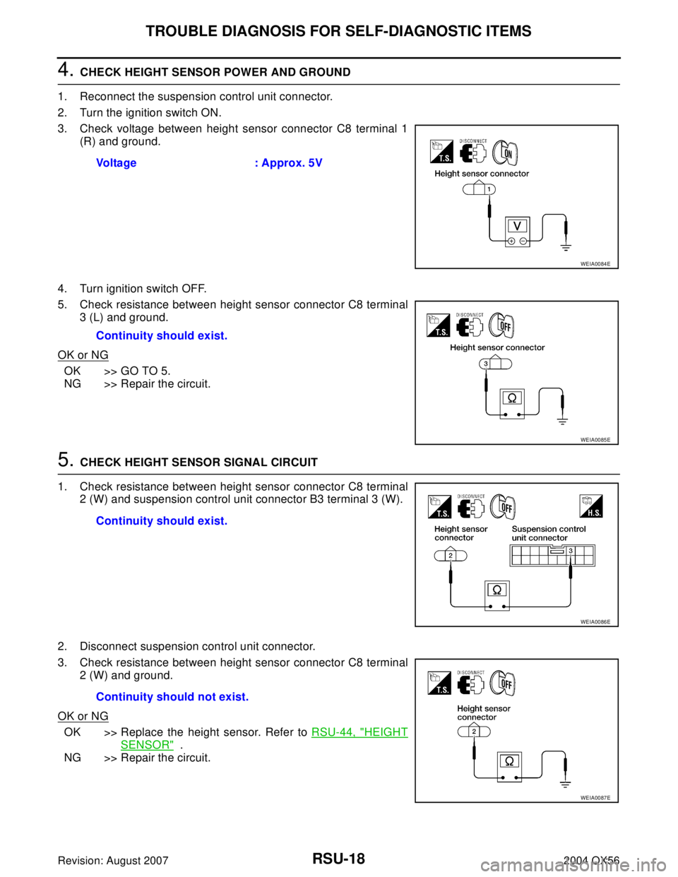 INFINITI QX56 2004  Factory Service Manual RSU-18
TROUBLE DIAGNOSIS FOR SELF-DIAGNOSTIC ITEMS
Revision: August 20072004 QX56
4. CHECK HEIGHT SENSOR POWER AND GROUND
1. Reconnect the suspension control unit connector.
2. Turn the ignition switc