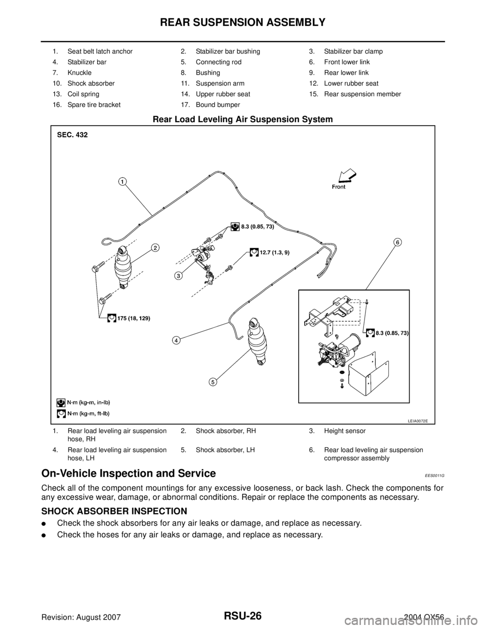 INFINITI QX56 2004 Factory Service Manual RSU-26
REAR SUSPENSION ASSEMBLY
Revision: August 20072004 QX56
Rear Load Leveling Air Suspension System
On-Vehicle Inspection and ServiceEES0011G
Check all of the component mountings for any excessive INFINITI QX56 2004 Factory Service Manual RSU-26
REAR SUSPENSION ASSEMBLY
Revision: August 20072004 QX56
Rear Load Leveling Air Suspension System
On-Vehicle Inspection and ServiceEES0011G
Check all of the component mountings for any excessive