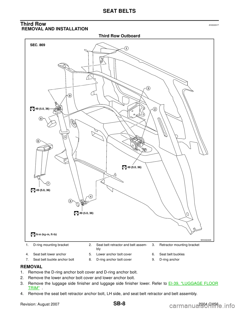 INFINITI QX56 2004  Factory Service Manual SB-8
SEAT BELTS
Revision: August 20072004 QX56
Third RowEHS000VT
 REMOVAL AND INSTALLATION
Third Row Outboard
REMOVAL
1. Remove the D-ring anchor bolt cover and D-ring anchor bolt.
2. Remove the lower