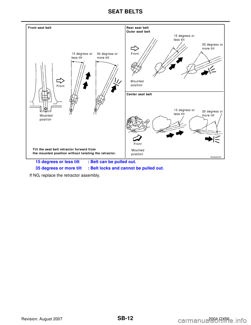 INFINITI QX56 2004  Factory Service Manual SB-12
SEAT BELTS
Revision: August 20072004 QX56
If NG, replace the retractor assembly.15 degrees or less tilt : Belt can be pulled out.
35 degrees or more tilt : Belt locks and cannot be pulled out.
P