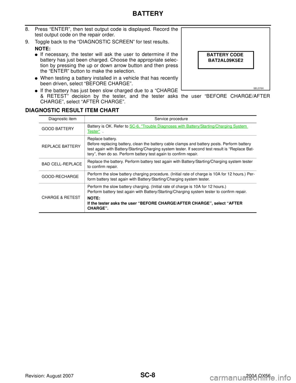 INFINITI QX56 2004  Factory Service Manual SC-8
BATTERY
Revision: August 20072004 QX56
8. Press “ENTER”, then test output code is displayed. Record the
test output code on the repair order.
9. Toggle back to the “DIAGNOSTIC SCREEN” for