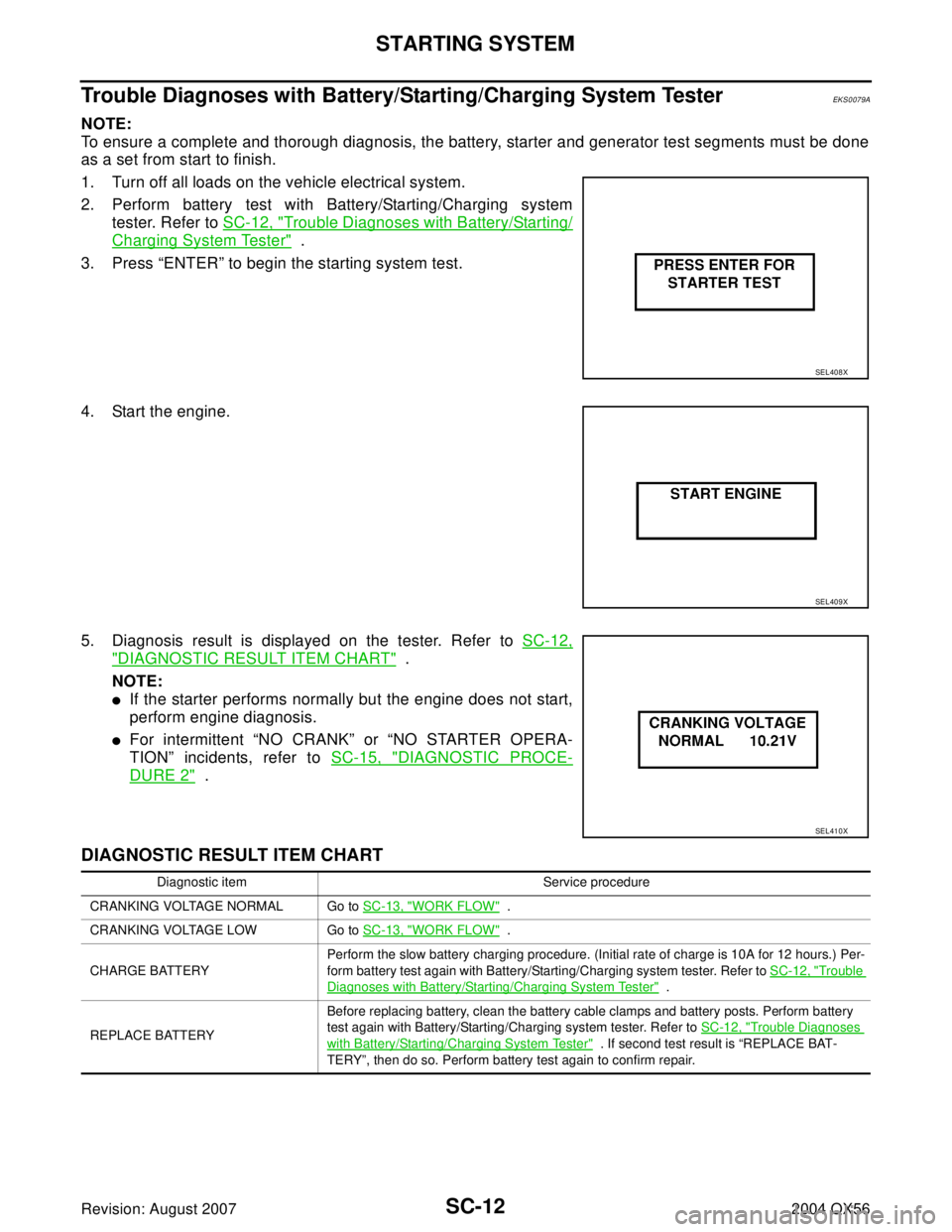 INFINITI QX56 2004  Factory Service Manual SC-12
STARTING SYSTEM
Revision: August 20072004 QX56
Trouble Diagnoses with Battery/Starting/Charging System TesterEKS0079A
NOTE:
To ensure a complete and thorough diagnosis, the battery, starter and 